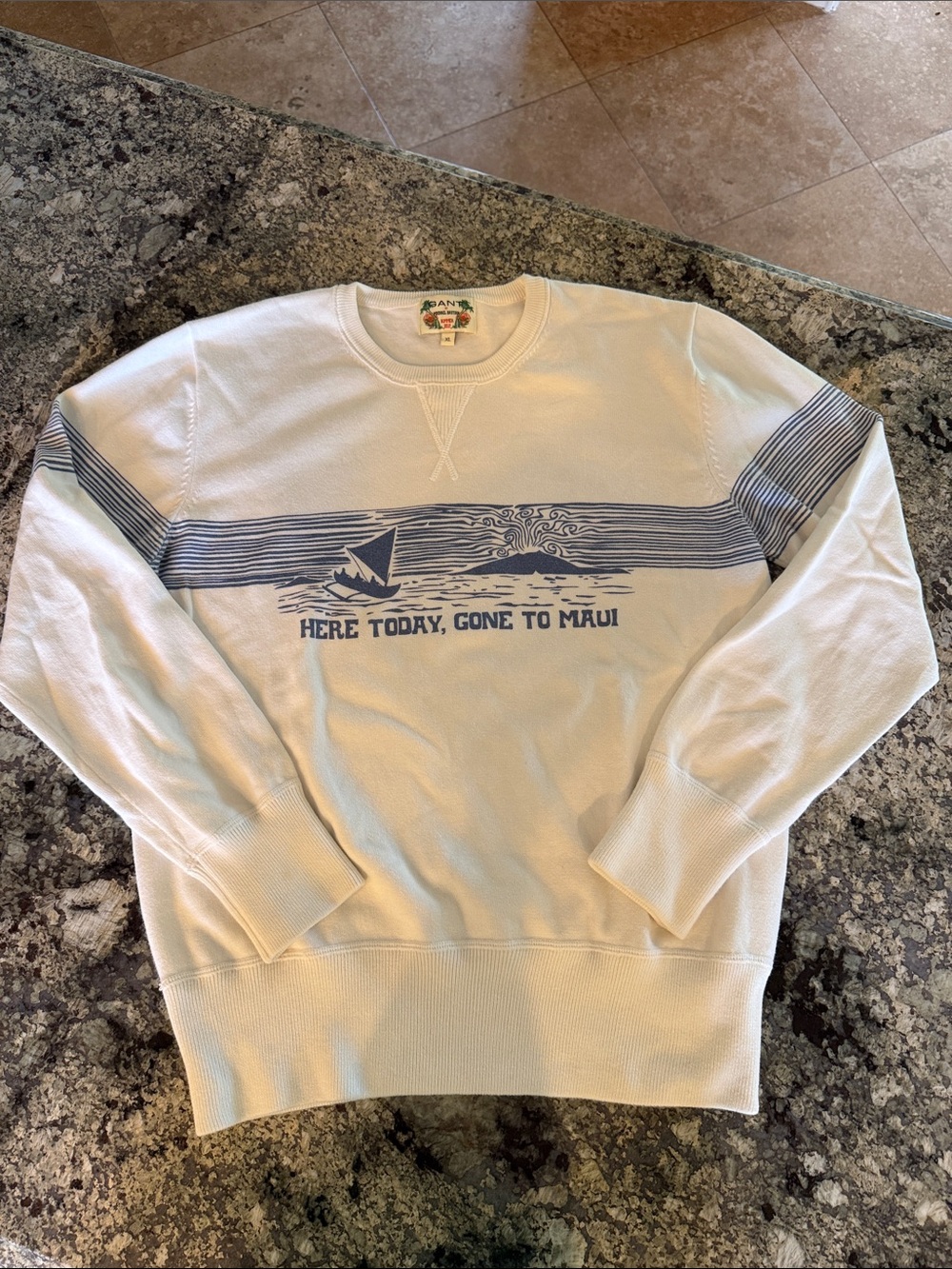 Gant Cream Crewneck Sweater with Blue Sailboat Maui Graphic Vintage